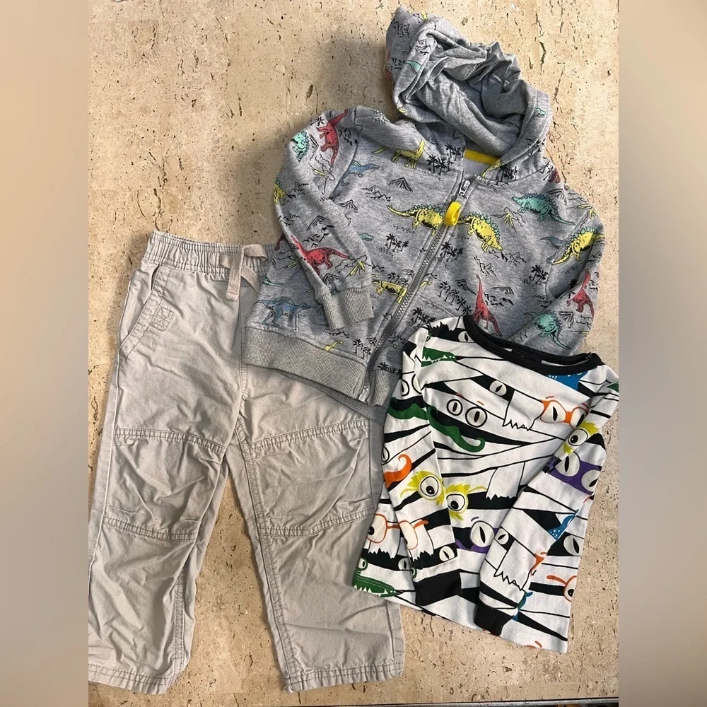 Boy’s Size 3 Bundle Khaki Pants, Dino Hoodie, Glow in the Dark Shirt